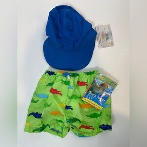 NEW Baby Swim Diaper Trunks and UPF 50+ Hat Set Lime green Blue Dinosaur S 6mo